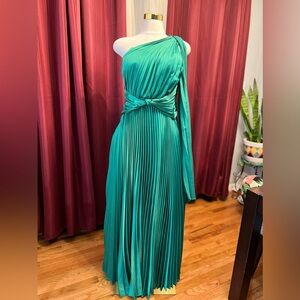 Emerald Green One-Shoulder Pleated Gown with Side Knot Detail.